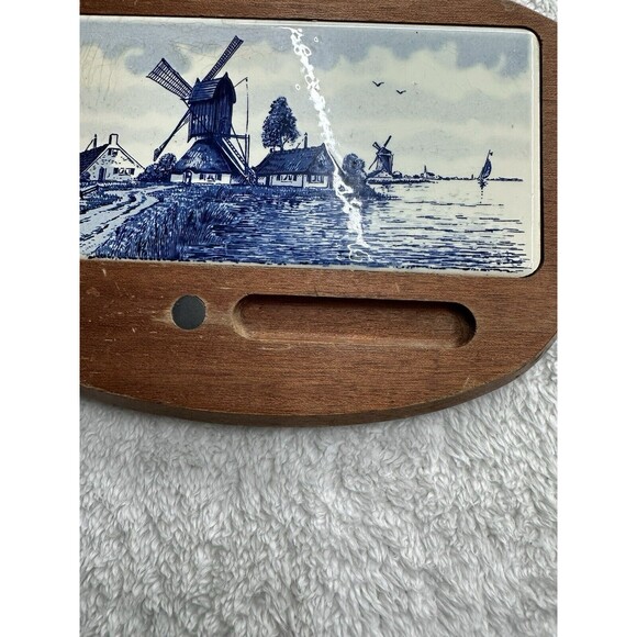 Delft Blue Windmill Cheese Board Charcuterie VTG Tile + Teak Wood Antique - Picture 5 of 16